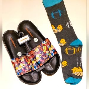 90's Retro Nickelodeon Adult Flip Flops with 1 New Bonus Pair of Character Socks